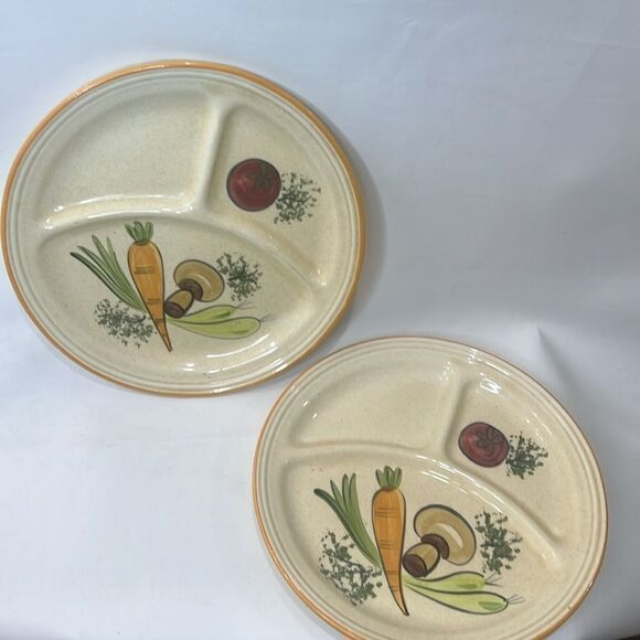 Los Angeles Potteries USA 3 Section Divided Plate Heavy Ceramic Set 2 Vegetables - Picture 2 of 7